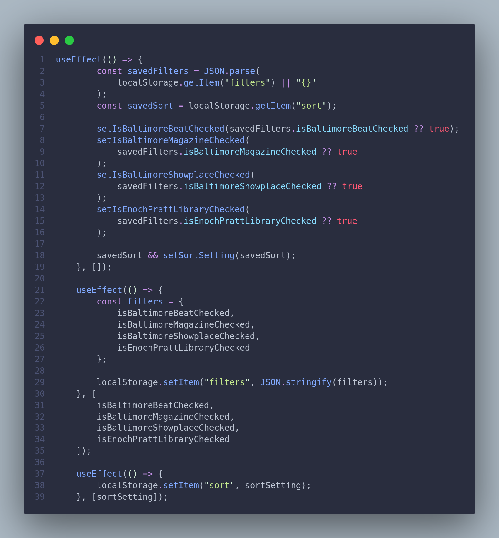 Three React useEffect hooks handle event filtering and sorting preferences. The first effect retrieves saved filters and sorting settings from localStorage, applying defaults if none exist. The second effect updates localStorage whenever filter preferences change, ensuring persistence. The third effect saves the current sorting selection to localStorage when updated.