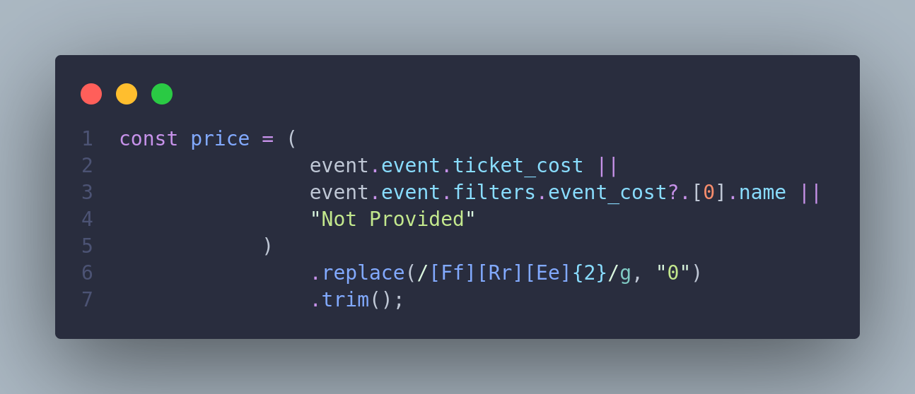 A JavaScript variable price is assigned either a retrieved event property (ticket_cost or event_cost) or the fallback string 'Not Provided'. If a value is retrieved, a regular expression replaces variations of 'Free' (case insensitive) with '0', ensuring price formatting consistency.
